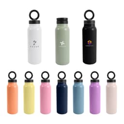 A drink bottle collection featuring various colours including white, green, black, orange, navy, pink, and purple, with logos.