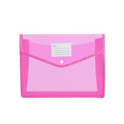 A pink envelope expanding document folder with a transparent front and a button closure. Features a label space on the front.