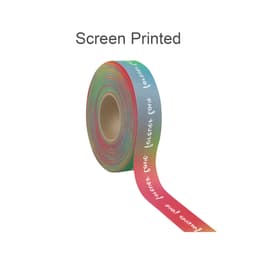 A roll of rainbow satin polyester ribbon in various colours, with a subtle branded logo visible.