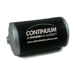 A black and silver battery-shaped stress reliever with a logo on one side.