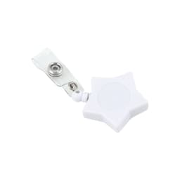 A white star-shaped retractable card holder with a clear strap and a metal clip.