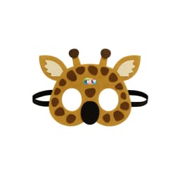 A giraffe-themed felt mask in yellow and brown with black straps and a playful design for kids.
