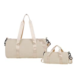 A beige bucket duffle bag with wide straps, featuring two sizes and a logo on the side.
