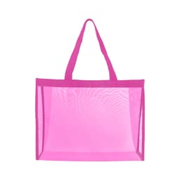 A pink transparent mesh tote bag with two handles, featuring an open design and no visible contents.
