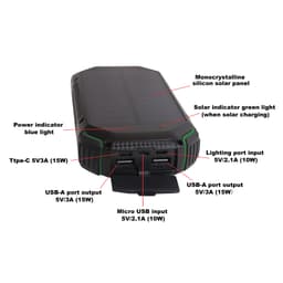A black solar wireless power bank featuring multiple USB ports, a blue power indicator, and a solar panel on top.