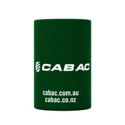 A green stubby holder with a logo and text, designed for drinkware.