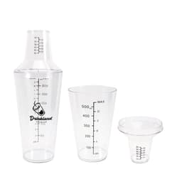 A drink bottle set featuring a clear shaker, measuring cup, and funnel, with a logo displayed on the shaker.