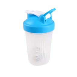 A drink bottle with a transparent body and a blue lid, featuring a loop and internal mixing ball.