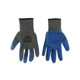 Latex dipped gloves in grey and blue, featuring a textured grip and a logo on one glove.