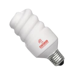 A white, spiral-shaped stress reliever in the form of an electrical saving lamp, featuring a logo.