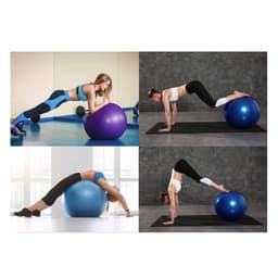 A set of PVC yoga balls in purple and blue, used in various fitness poses by individuals in workout attire.