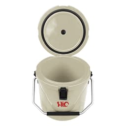 A 12L ice bucket in cream with a black handle, featuring a lid and an internal compartment.