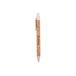 A cork pen with a natural finish and white tip, featuring a branding logo on the side.