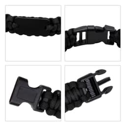 A black paracord bracelet featuring a metal plate and plastic clasp. Includes detailed views of the clasp and woven design.