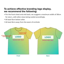 A guideline image featuring two t-shirt designs with gradient colour transitions and logo placement suggestions.