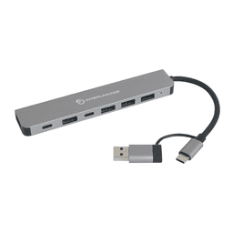 A silver 7-in-1 USB hub featuring multiple ports, including USB and USB-C connections, with a cable attached.