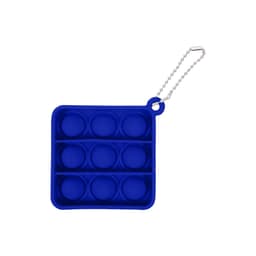 A square, blue silicone fidget keychain with eight popping bubbles and a metal chain attachment.