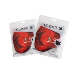 Two packs of red 3 Ply Digital Print Reusable Face Masks in adult and children's sizes, each with branding.