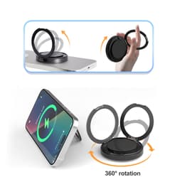 A black magnetic wireless charge stand with 360° rotation features, designed for smartphones.