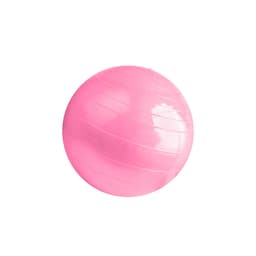 A pink PVC yoga ball with a smooth surface, featuring subtle horizontal lines and a logo.