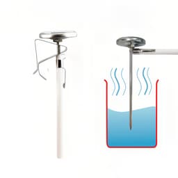 A silver and white instant read dial thermometer with a pointed probe for measuring temperatures. It has a metallic attachment.