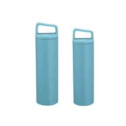 A drink bottle in light blue, featuring a handle and available in 500ML and 600ML sizes. It has a logo.