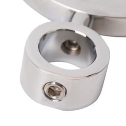A shiny chrome beer tap badge holder with a circular attachment and a screw for securing.