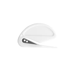 A white letter opener with a curved design and a silver blade. It features a small logo on the surface.