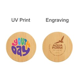 A round bamboo bottle opener coaster featuring vibrant UV print on one side and engraved design on the other.