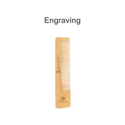 A short-handled beech wood comb with engraved branding, featuring a natural wooden colour and a fine-toothed design.