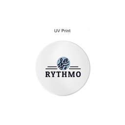 A round mirror featuring a musical design in blue and black on a white background. It includes a logo.