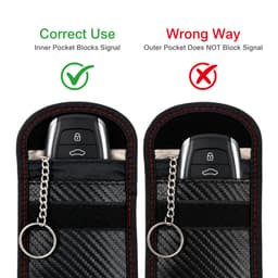 A carbon fibre Faraday key pouch in black with red stitching, featuring inner and outer pockets for signal blocking.