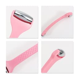 A pink ice massager roller with double heads and a textured handle. Chrome accents are visible on both ends.