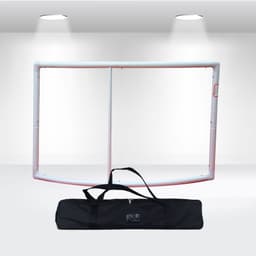 A tabletop tension fabric display frame in white, accompanied by a black carrying bag.
