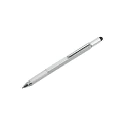 A silver multi-function pen with a textured grip and a clip, featuring a stylus tip at one end.