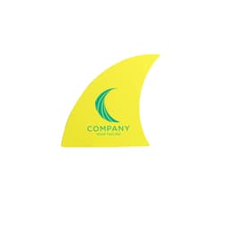 A bright yellow foam mitt with a logo, shaped like a shark fin.
