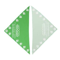 A green and light green triangular pet bandana with a paw print pattern. It features a logo on one side.