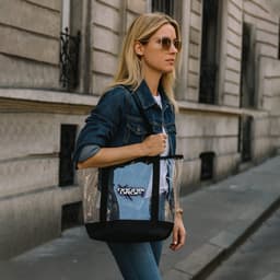 A transparent hand bag with a black base, carried by a woman wearing sunglasses and a denim jacket, walking on a street.