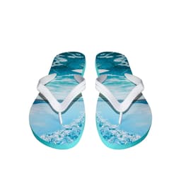 A pair of rubber thongs featuring a blue water design and white straps, with a logo on the sole.