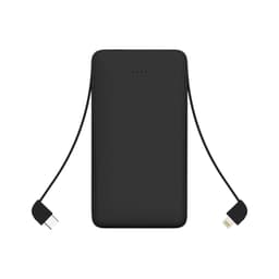 A black 10000mAh slim power bank with an attached charging cable. Features a minimal design and a logo.