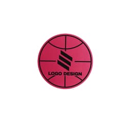 A circular pink foam mitt featuring a black logo design and basketball court markings.