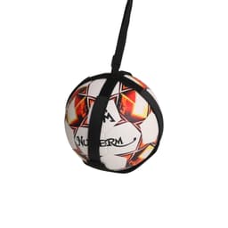 A soccer training belt with a black strap holding a multi-coloured soccer ball, designed for outdoor sports activities.
