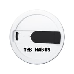 A drink lid for a collapsible silicone coffee cup in white with a black closure, featuring a logo.