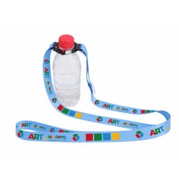 A drink bottle with a red cap attached to a light blue lanyard featuring colourful designs and a logo.