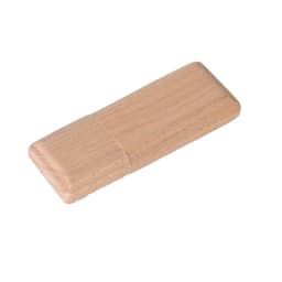 A wooden flash drive in a rectangular shape, featuring a natural wood finish and a simple design.