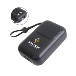 A black 10000mAh eco portable fast charging power bank with a logo and a wrist strap.