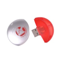 A silver and red Aruna Flash Drive with a rounded design and a visible USB connector. The flash drive features a logo.
