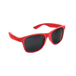 Red classic sunglasses with dark lenses, featuring a logo on the side.