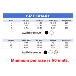 A size chart for Clog Slides featuring men's and women's sizes, with available colours listed as black and pink.