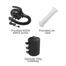 A set of accessories including a 600W electric pump, a 3m rope, and an optional 10kg waterbag in black.